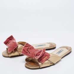 Prada Metallic Gold Leather and Velvet Bow Open Toe Flat Sandals Size 37