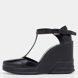Pre Owned Prada Black Leather T-Strap Carved Rubber Wedge Sandals Size 36
