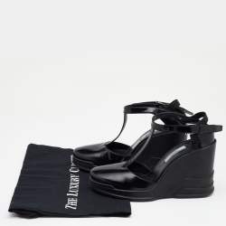 Pre Owned Prada Black Leather T-Strap Carved Rubber Wedge Sandals Size 36