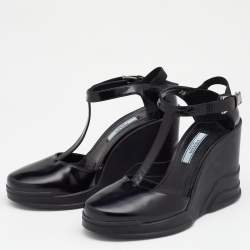 Pre Owned Prada Black Leather T-Strap Carved Rubber Wedge Sandals Size 36