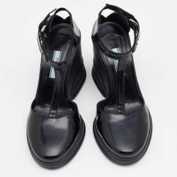 Pre Owned Prada Black Leather T-Strap Carved Rubber Wedge Sandals Size 36