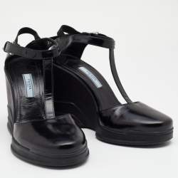 Pre Owned Prada Black Leather T-Strap Carved Rubber Wedge Sandals Size 36