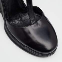 Pre Owned Prada Black Leather T-Strap Carved Rubber Wedge Sandals Size 36
