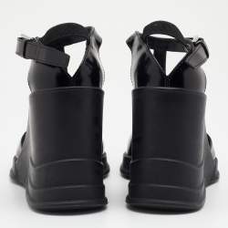 Pre Owned Prada Black Leather T-Strap Carved Rubber Wedge Sandals Size 36