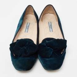 Pre Owned Prada Navy Blue Velvet Bows Ballet Flats Size 39