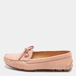 Pre Owned Prada Beige Croc Embossed Leather Bow Slip On Loafers Size 39