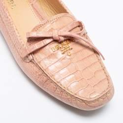Pre Owned Prada Beige Croc Embossed Leather Bow Slip On Loafers Size 39