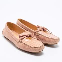 Pre Owned Prada Beige Croc Embossed Leather Bow Slip On Loafers Size 39