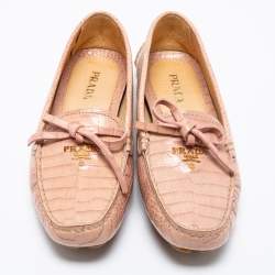 Pre Owned Prada Beige Croc Embossed Leather Bow Slip On Loafers Size 39