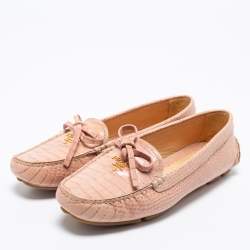 Pre Owned Prada Beige Croc Embossed Leather Bow Slip On Loafers Size 39