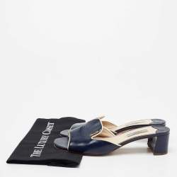 Pre Owned Prada Navy Blue Saffiano Vernice Leather Slide Sandals Size 37.5