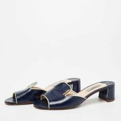 Pre Owned Prada Navy Blue Saffiano Vernice Leather Slide Sandals Size 37.5