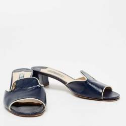 Pre Owned Prada Navy Blue Saffiano Vernice Leather Slide Sandals Size 37.5