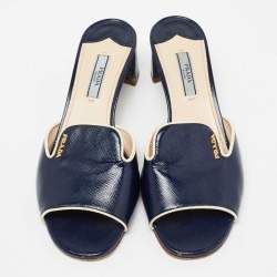 Pre Owned Prada Navy Blue Saffiano Vernice Leather Slide Sandals Size 37.5