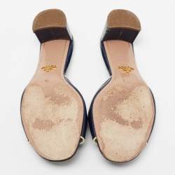 Pre Owned Prada Navy Blue Saffiano Vernice Leather Slide Sandals Size 37.5