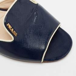 Pre Owned Prada Navy Blue Saffiano Vernice Leather Slide Sandals Size 37.5