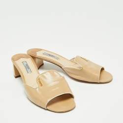 Pre Owned Prada Beige Saffiano Vernice Leather Slide Sandals Size 37.5