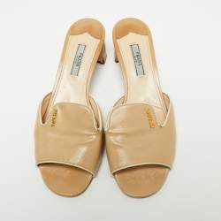 Pre Owned Prada Beige Saffiano Vernice Leather Slide Sandals Size 37.5