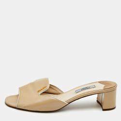 Pre Owned Prada Beige Saffiano Vernice Leather Slide Sandals Size 37.5