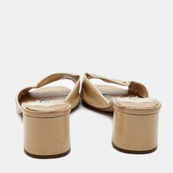 Pre Owned Prada Beige Saffiano Vernice Leather Slide Sandals Size 37.5