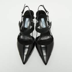 Pre Owned Prada Black Leather Cap Toe Slingback Sandals Size 36