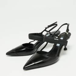 Pre Owned Prada Black Leather Cap Toe Slingback Sandals Size 36