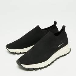 Pre Owned Prada Black Knit Fabric Low Top Sneakers Size 36