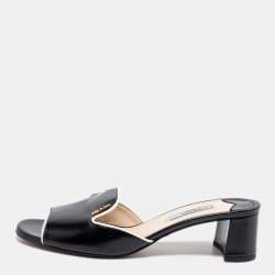 Pre Owned Prada Black Saffiano Vernice Leather Slide Sandals Size 38.5