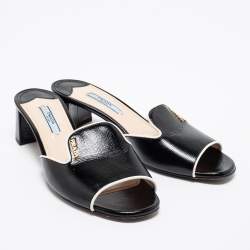 Pre Owned Prada Black Saffiano Vernice Leather Slide Sandals Size 38.5