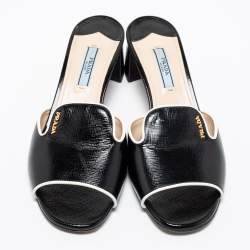 Pre Owned Prada Black Saffiano Vernice Leather Slide Sandals Size 38.5