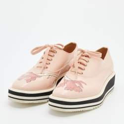 Prada Pink Leather Flower Print Platform Lace Up Oxford Size 38.5