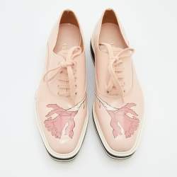 Prada Pink Leather Flower Print Platform Lace Up Oxford Size 38.5