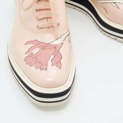 Prada Pink Leather Flower Print Platform Lace Up Oxford Size 38.5
