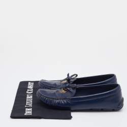 Pre Owned Prada Navy Blue Saffiano Patent Leather Bow Slip On Loafers Size 36.5
