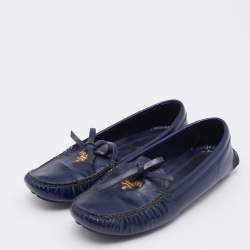 Pre Owned Prada Navy Blue Saffiano Patent Leather Bow Slip On Loafers Size 36.5