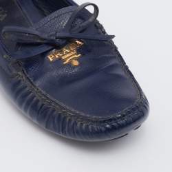 Pre Owned Prada Navy Blue Saffiano Patent Leather Bow Slip On Loafers Size 36.5