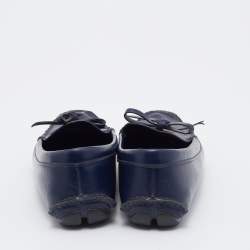 Pre Owned Prada Navy Blue Saffiano Patent Leather Bow Slip On Loafers Size 36.5