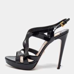 Pre Owned Prada Black Patent Leather Platform Strappy Sandals Size 39