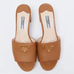Prada Tan Saffiano Leather Slide Sandals Size 39.5