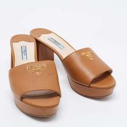 Prada Tan Saffiano Leather Slide Sandals Size 39.5