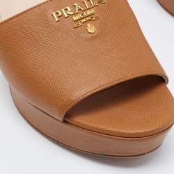 Prada Tan Saffiano Leather Slide Sandals Size 39.5