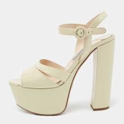 Pre Owned Prada Cream Patent Leather Platform Ankle Strap Sandals Size 36.5