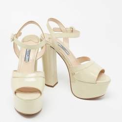 Pre Owned Prada Cream Patent Leather Platform Ankle Strap Sandals Size 36.5
