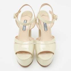 Pre Owned Prada Cream Patent Leather Platform Ankle Strap Sandals Size 36.5