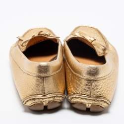 Pre Owned Prada Gold Leather Bow Slip-On Loafers Size 38.5