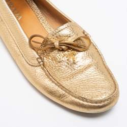 Pre Owned Prada Gold Leather Bow Slip-On Loafers Size 38.5
