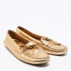 Pre Owned Prada Gold Leather Bow Slip-On Loafers Size 38.5