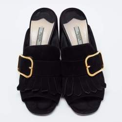 Pre Owned Prada Black Suede Buckle Fringe Block Heel Mules Size 38