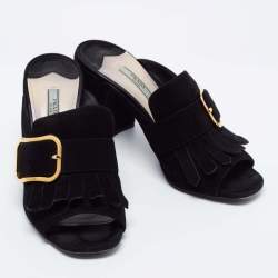 Pre Owned Prada Black Suede Buckle Fringe Block Heel Mules Size 38