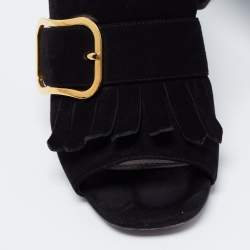 Pre Owned Prada Black Suede Buckle Fringe Block Heel Mules Size 38
